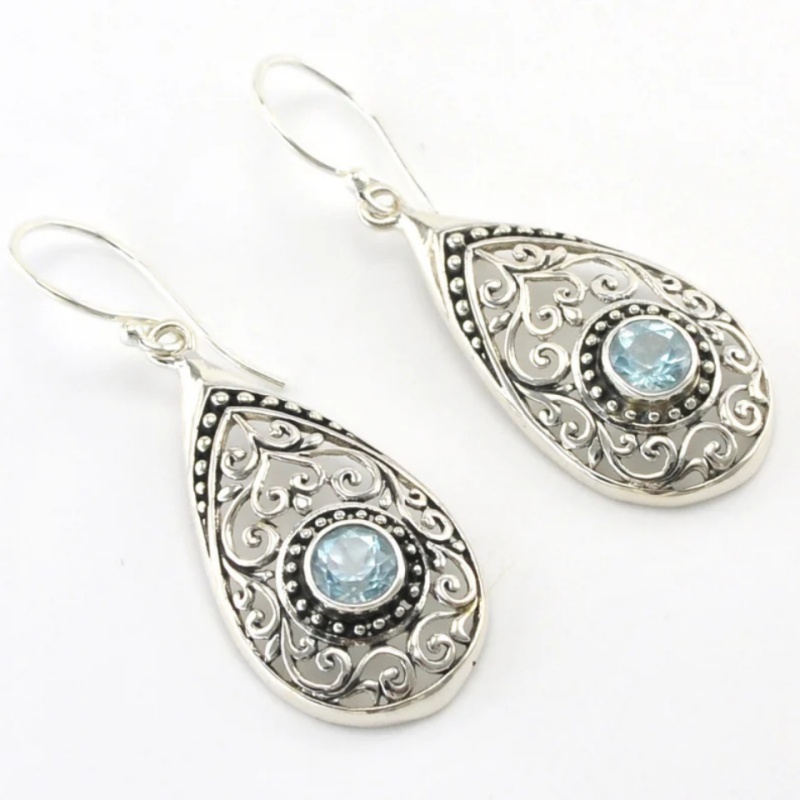 Handmade Blue Zirconia Water Drop Earrings, Retro Style